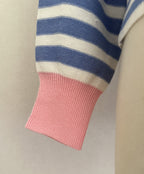 Gilet femme rayé bleu blanc coupe confortable - détail finitions rose poignets