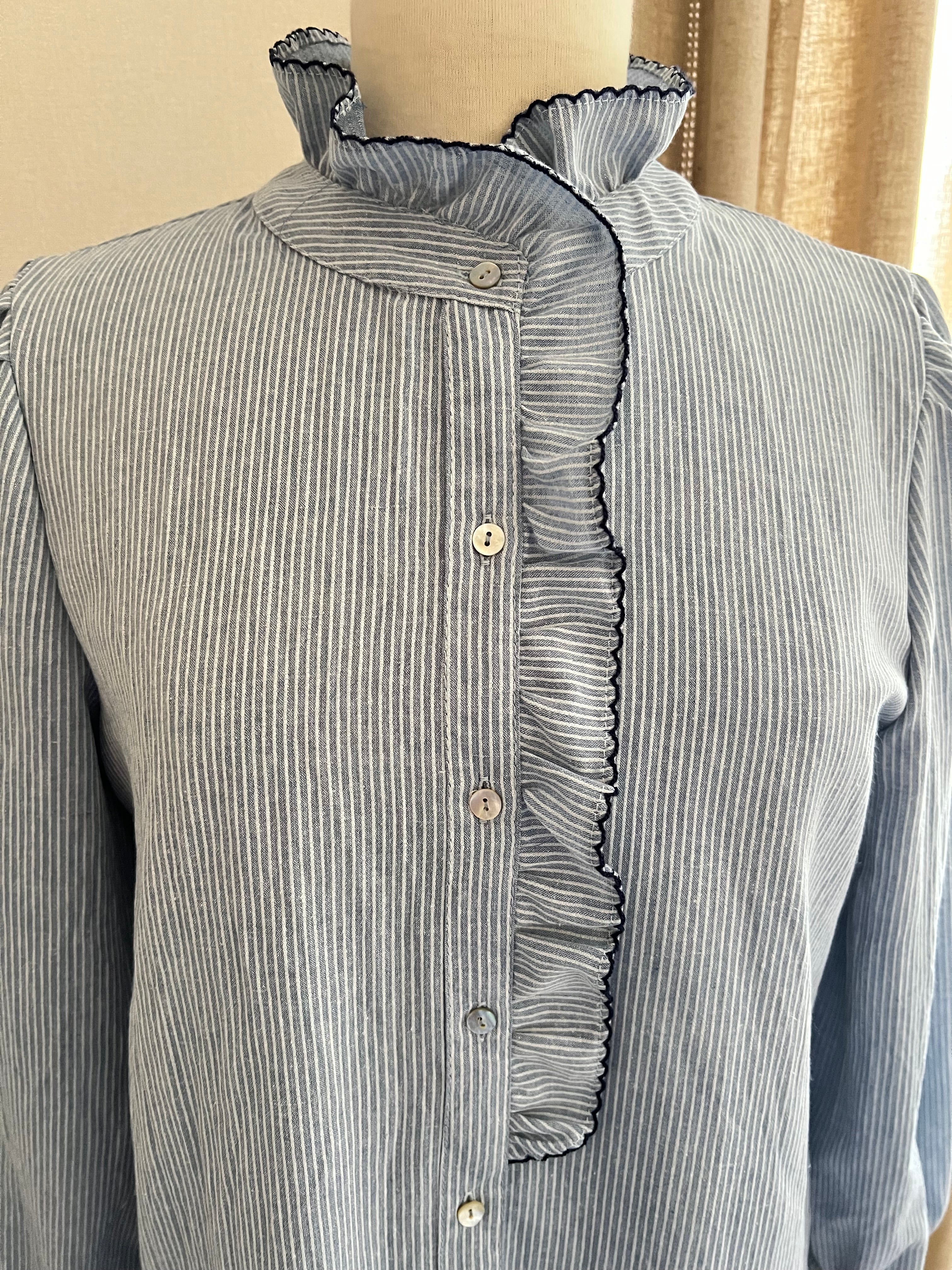 Blouse Ninon col volanté rayée bleu blanc Season - détail col