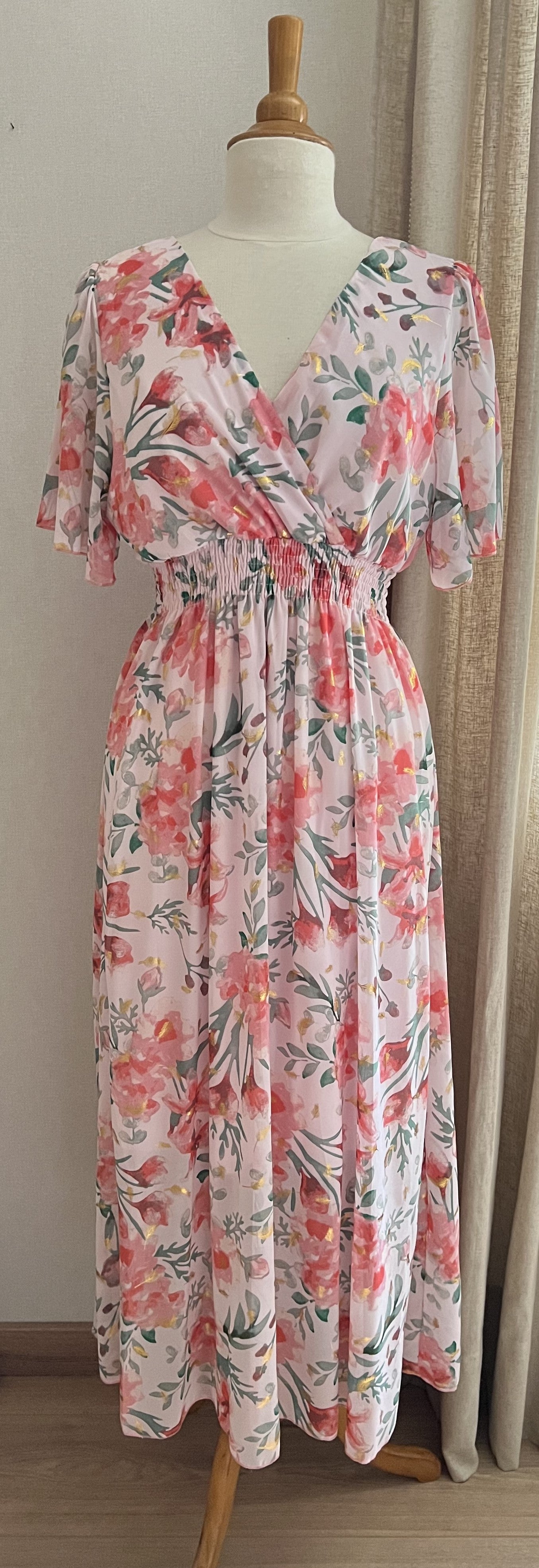 Robe Marion longue fleurie rose décolleté croisé - bohème chic | Coka Collection