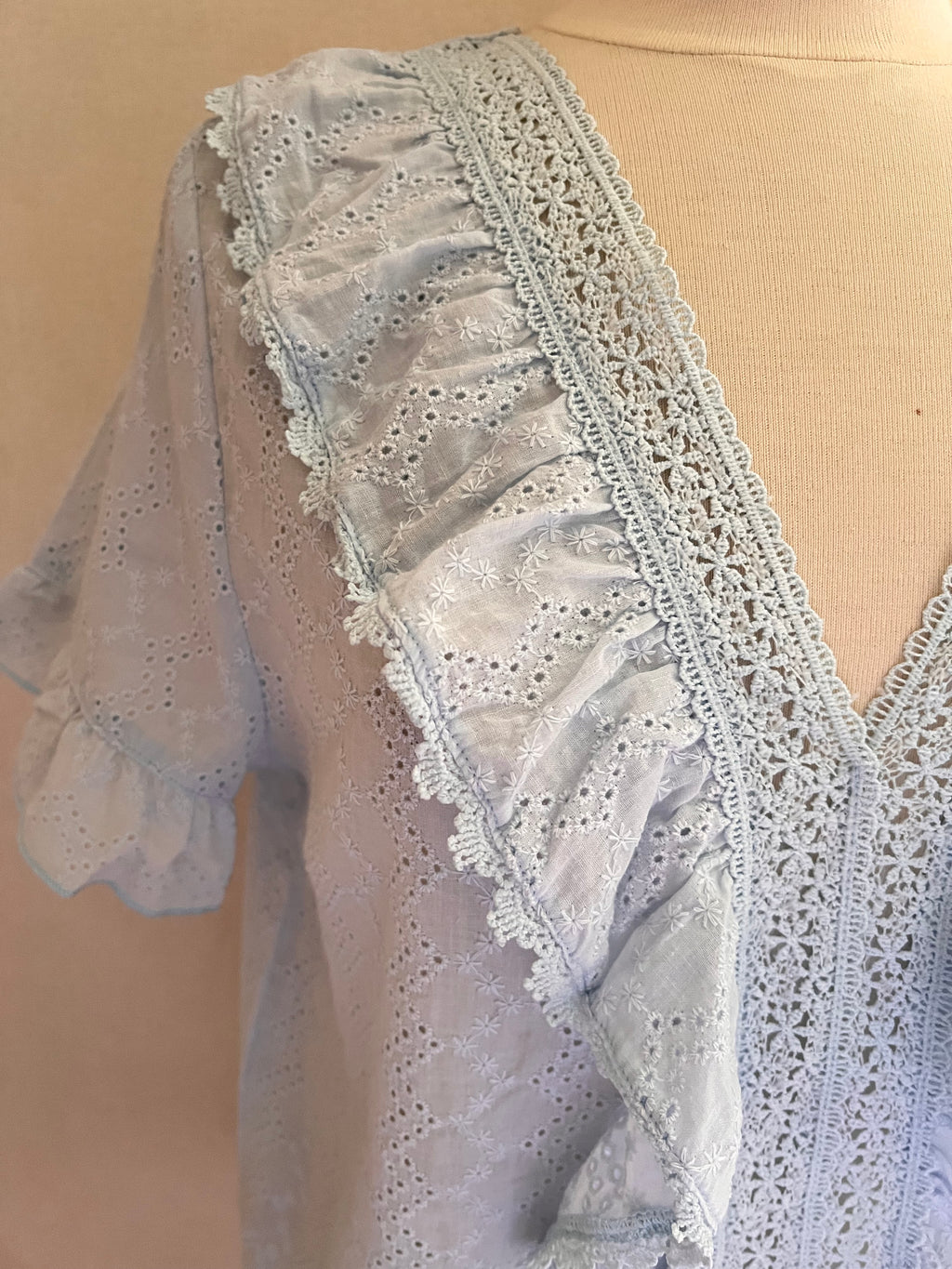 Blouse Enola – détail décolleté en V et empiècements en dentelle | Coka Collection