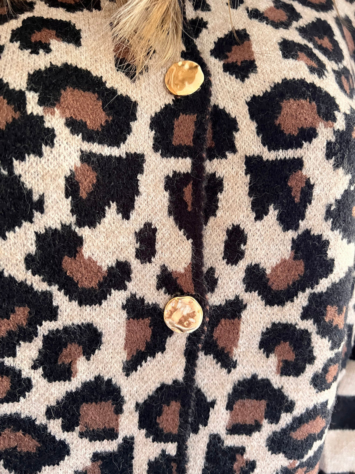 Gilet Léon léopard et rayures noir beige – détail des boutons dorés | Coka Collection