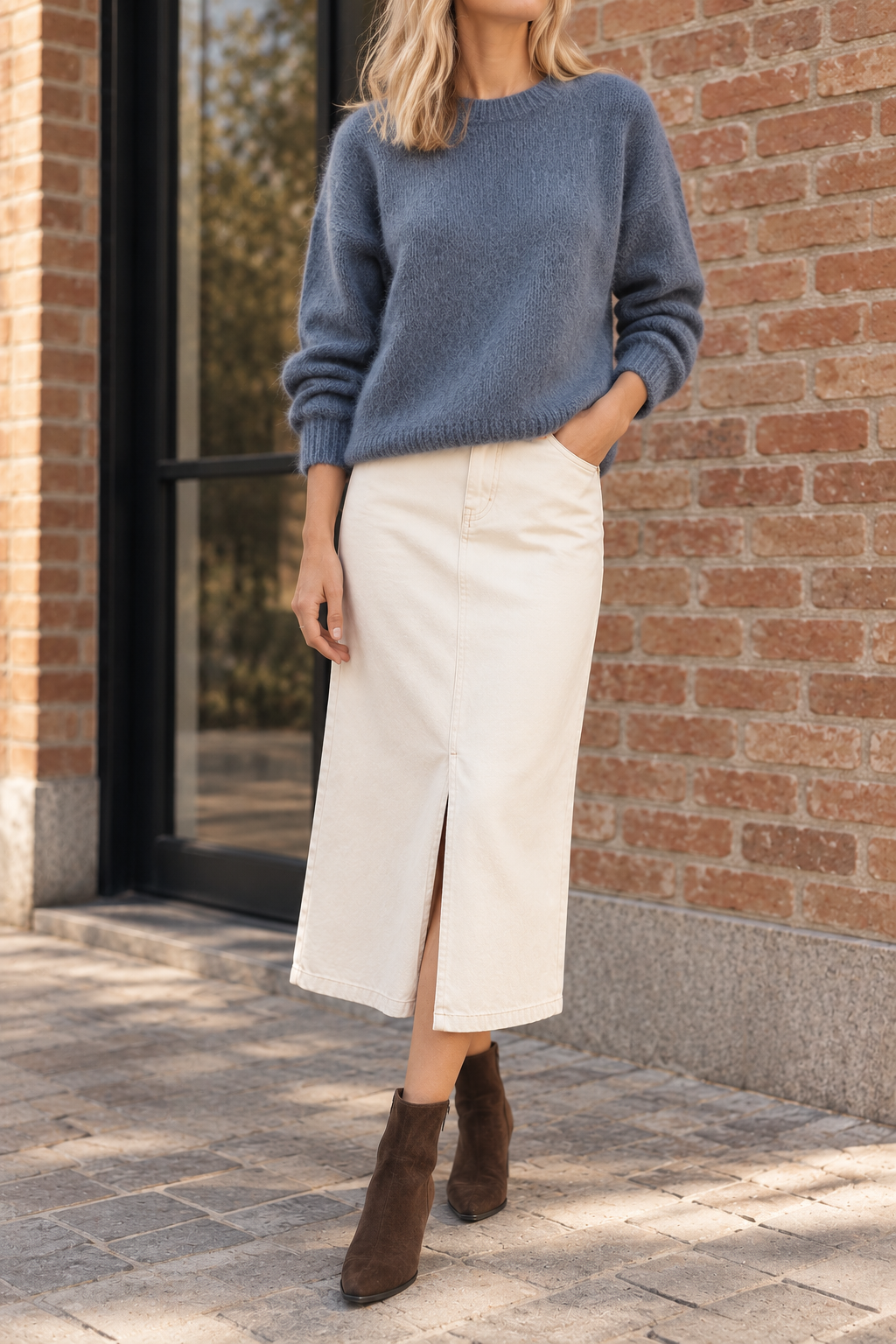 Pull Jules bleu denim en mohair – porté avec un jupe écrue | Coka Collection